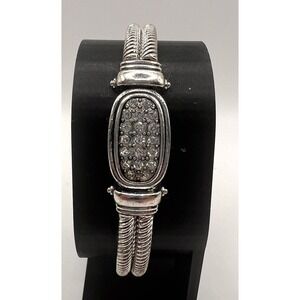 Silver Tone Stretch Bracelet Pave‎ Crystal Oval Accent Textured Band
